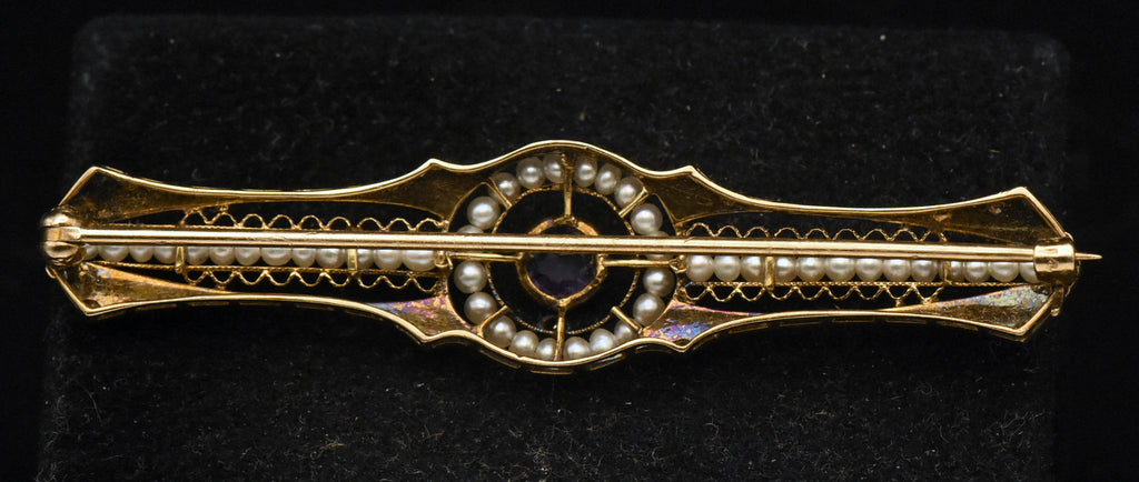 Antique 14K Gold, Amethyst and Cultured Pearl Bar Brooch