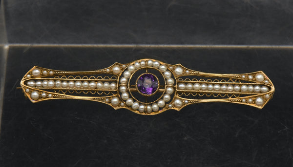 Antique 14K Gold, Amethyst and Cultured Pearl Bar Brooch