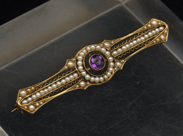 Antique 14K Gold, Amethyst and Cultured Pearl Bar Brooch