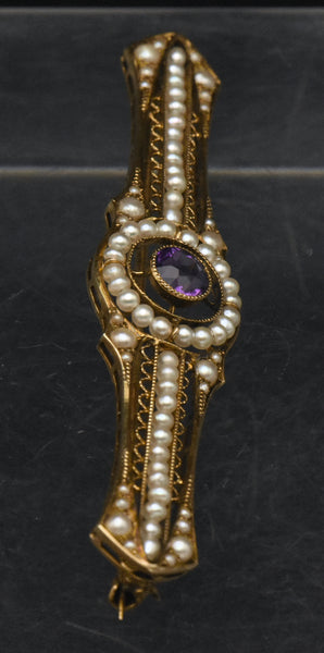 Antique 14K Gold, Amethyst and Cultured Pearl Bar Brooch