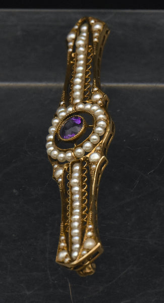 Antique 14K Gold, Amethyst and Cultured Pearl Bar Brooch