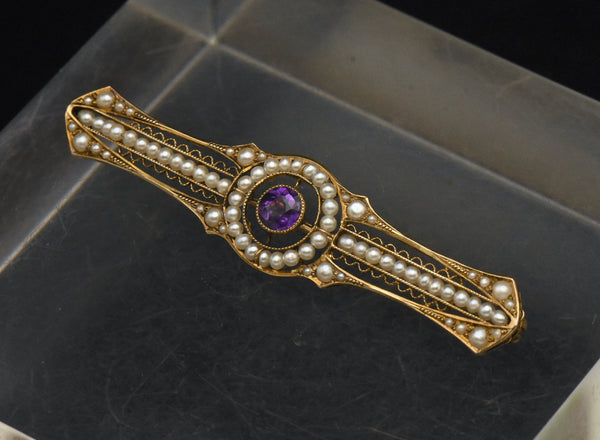 Antique 14K Gold, Amethyst and Cultured Pearl Bar Brooch