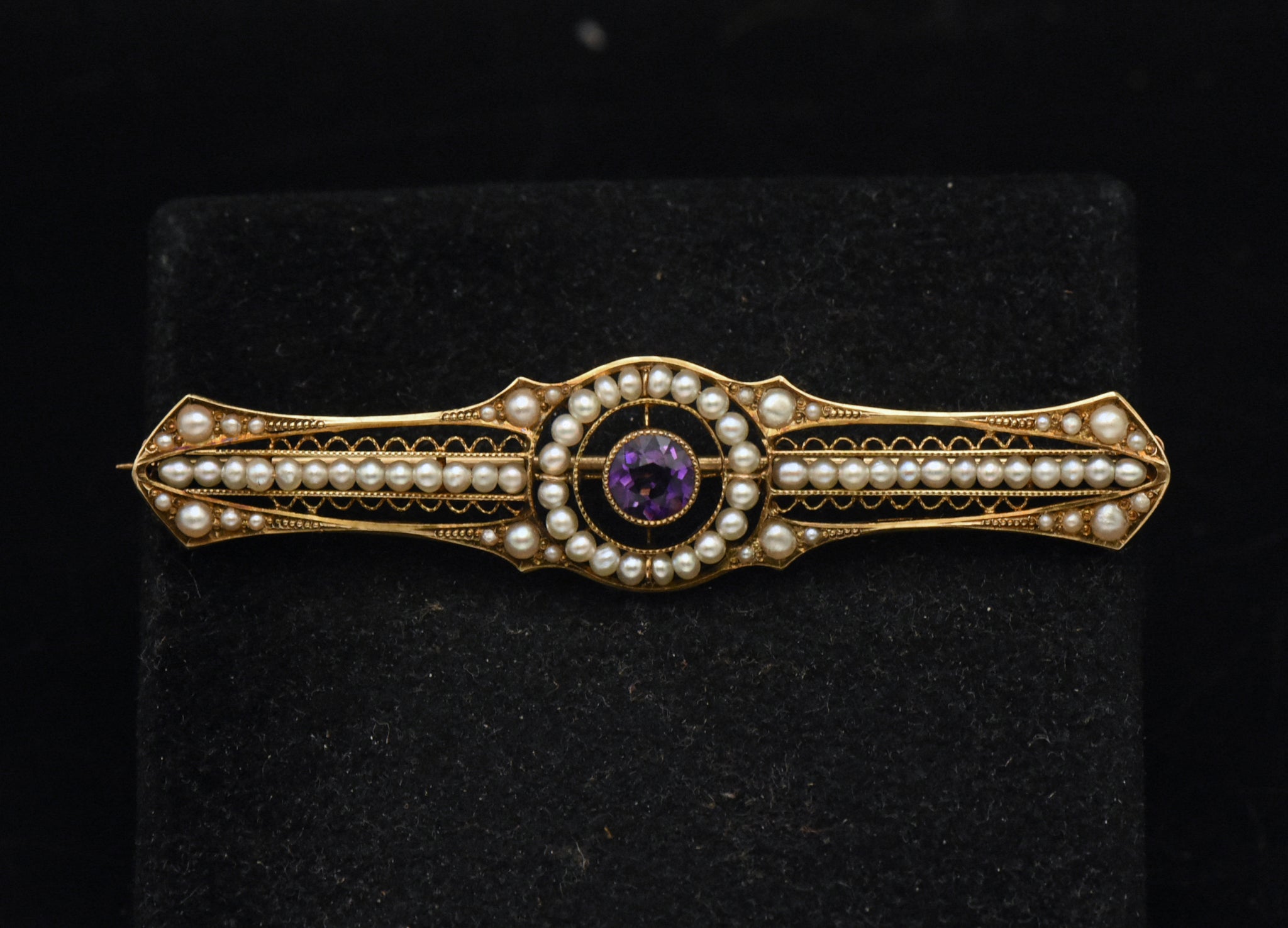 Antique 14K Gold, Amethyst and Cultured Pearl Bar Brooch