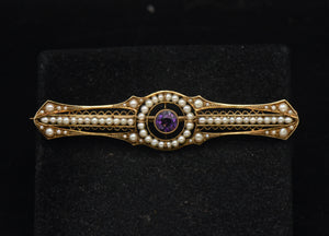 Antique 14K Gold, Amethyst and Cultured Pearl Bar Brooch