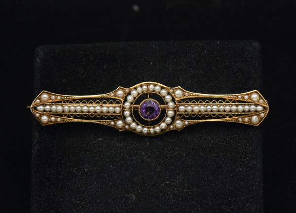 Antique 14K Gold, Amethyst and Cultured Pearl Bar Brooch