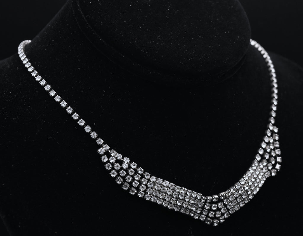 Vintage Silver Tone Rhinestone Bib Necklace - 16.25"