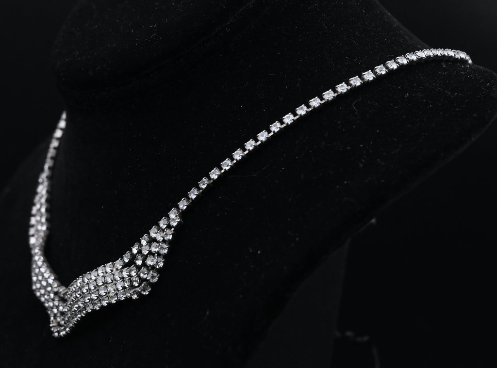 Vintage Silver Tone Rhinestone Bib Necklace - 16.25"