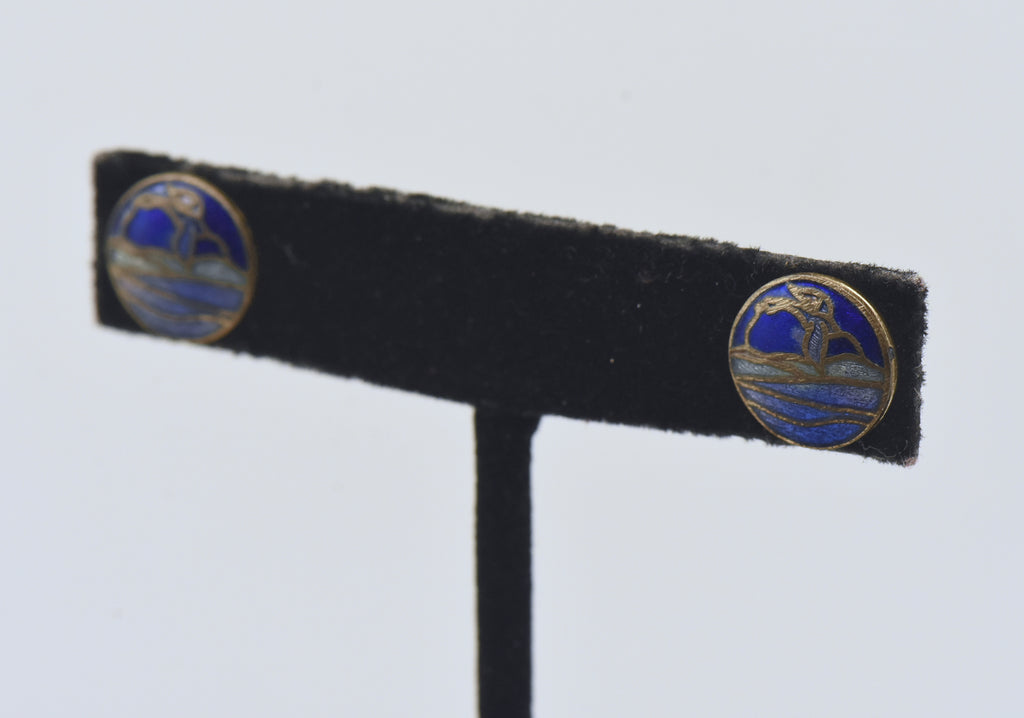 Vintage Enamel Bird in Flight Stud Earrings