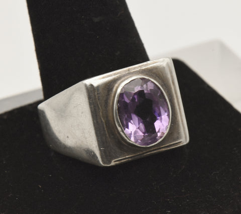 Vintage Sterling Silver and Amethyst Modern Design Ring - Size 13.25