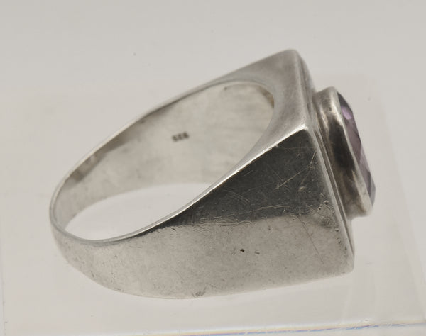 Vintage Sterling Silver and Amethyst Modern Design Ring - Size 13.25
