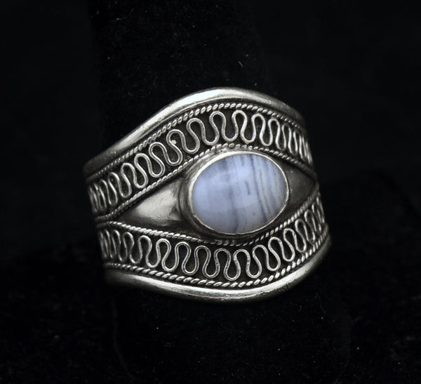 Vintage Blue Lace Agate Sterling Silver Ring - Size 10.75