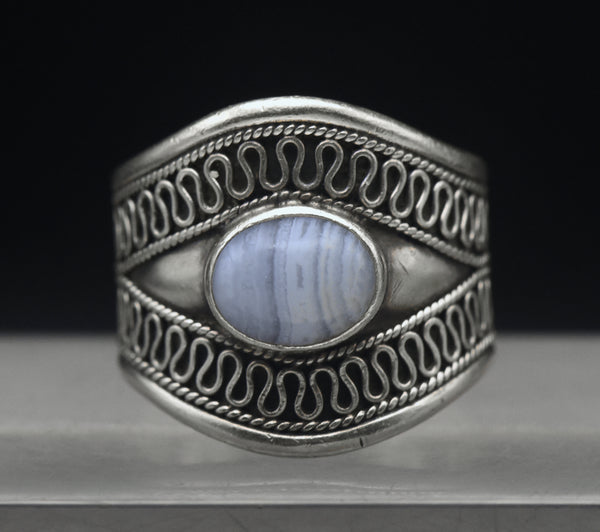 Vintage Blue Lace Agate Sterling Silver Ring - Size 10.75