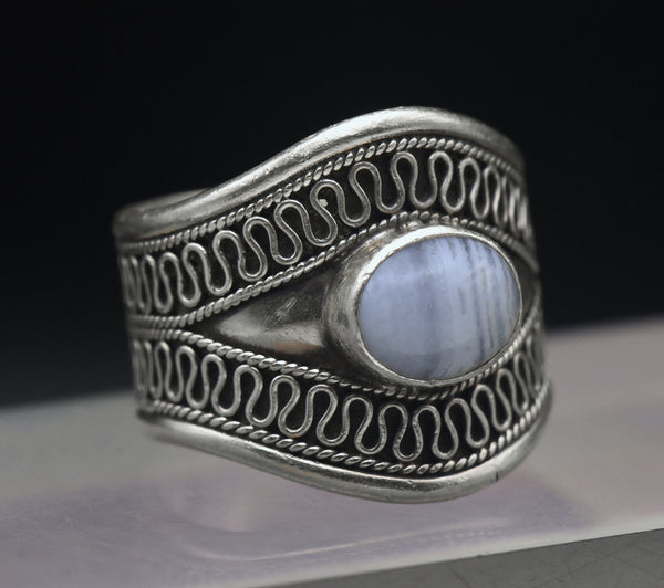 Vintage Blue Lace Agate Sterling Silver Ring - Size 10.75