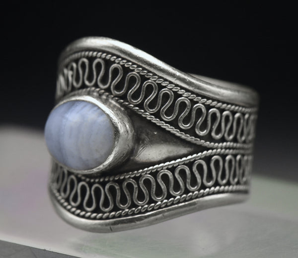 Vintage Blue Lace Agate Sterling Silver Ring - Size 10.75