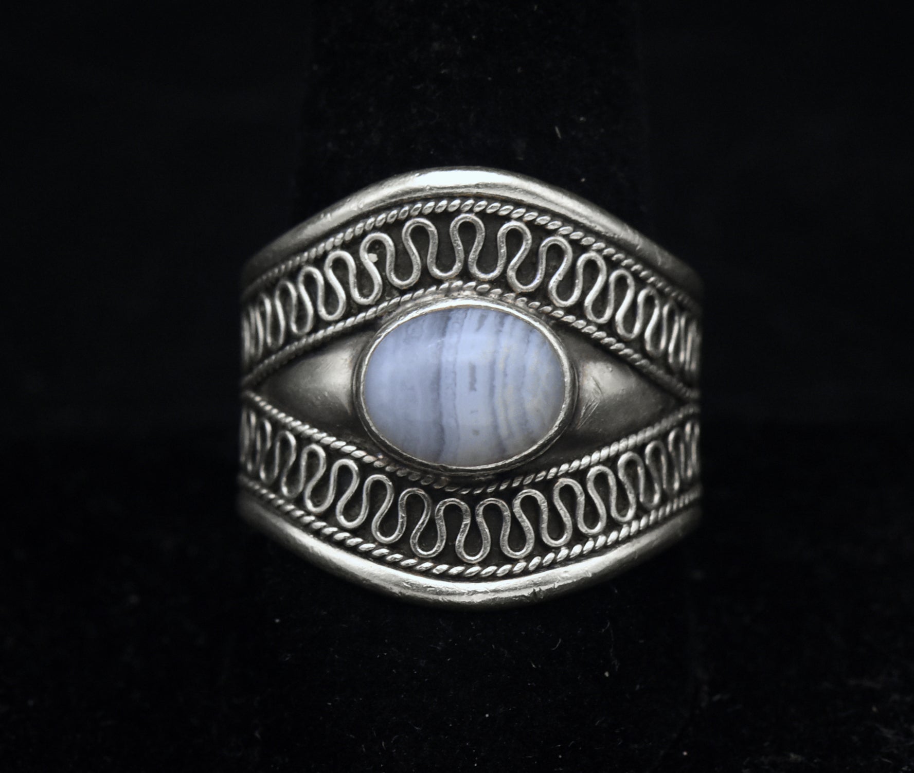 Vintage Blue Lace Agate Sterling Silver Ring - Size 10.75