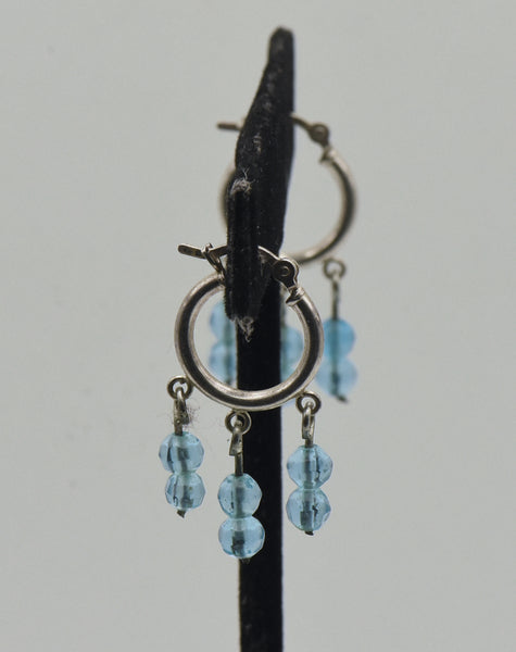 Vintage Sterling Silver Hoop Blue Bead Dangle Earrings