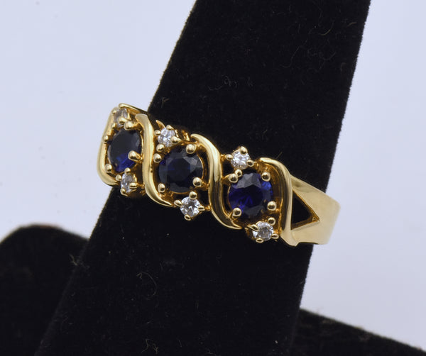 Vintage Sapphire and Rhinestone Gold Tone Sterling Silver Ring - Size 7