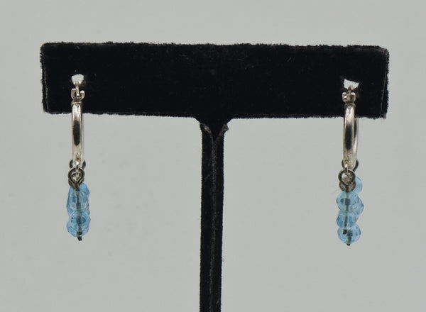 Vintage Sterling Silver Hoop Blue Bead Dangle Earrings