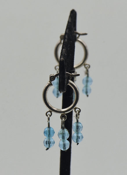 Vintage Sterling Silver Hoop Blue Bead Dangle Earrings