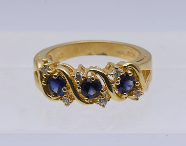 Vintage Sapphire and Rhinestone Gold Tone Sterling Silver Ring - Size 7