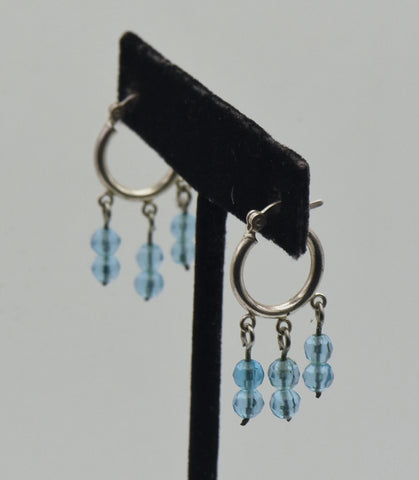 Vintage Sterling Silver Hoop Blue Bead Dangle Earrings
