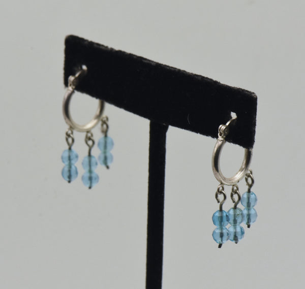 Vintage Sterling Silver Hoop Blue Bead Dangle Earrings