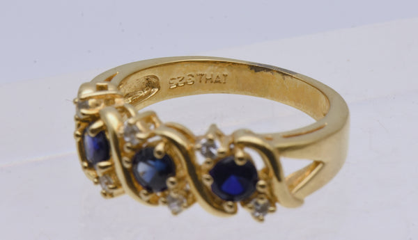 Vintage Sapphire and Rhinestone Gold Tone Sterling Silver Ring - Size 7