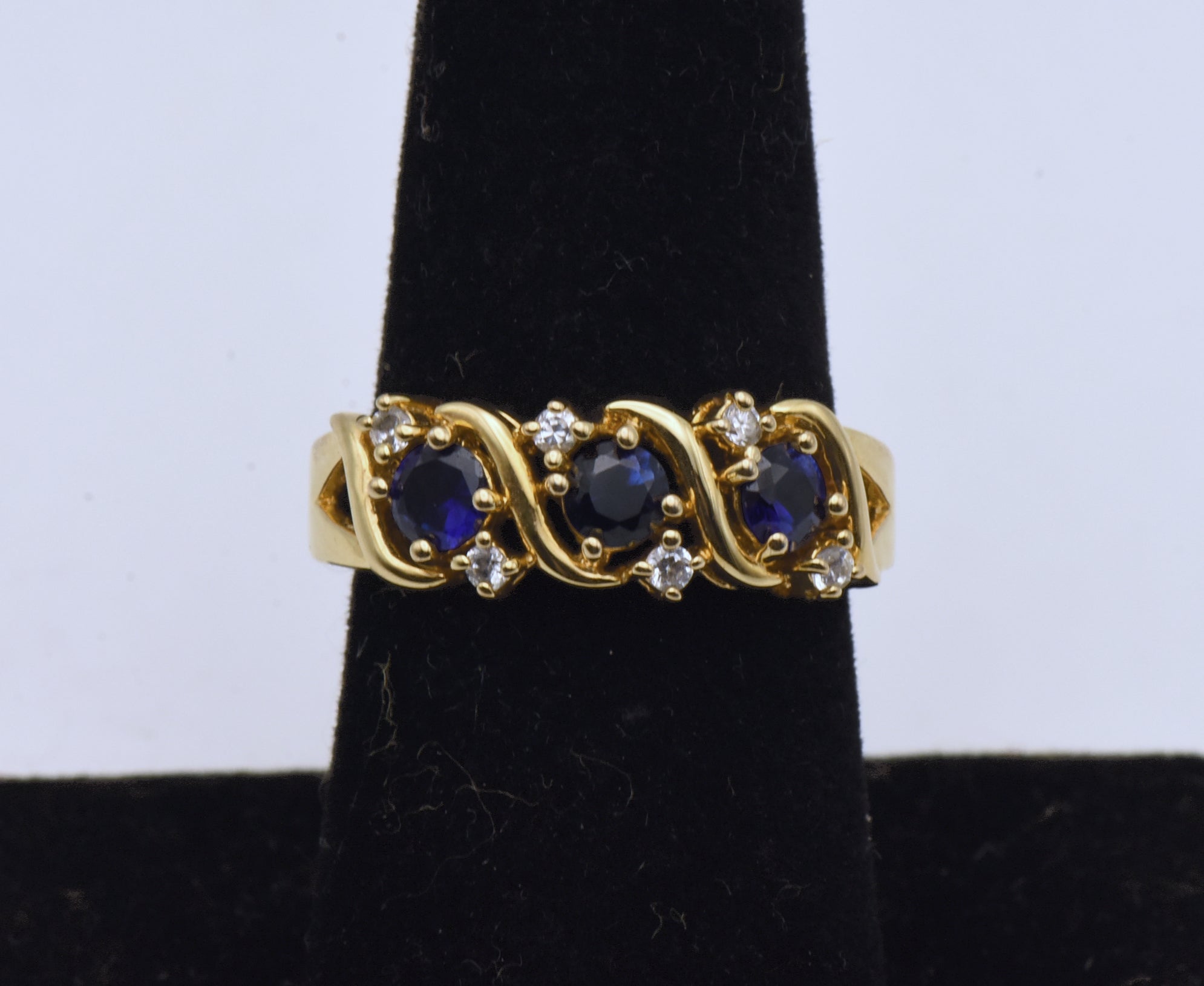 Vintage Sapphire and Rhinestone Gold Tone Sterling Silver Ring - Size 7