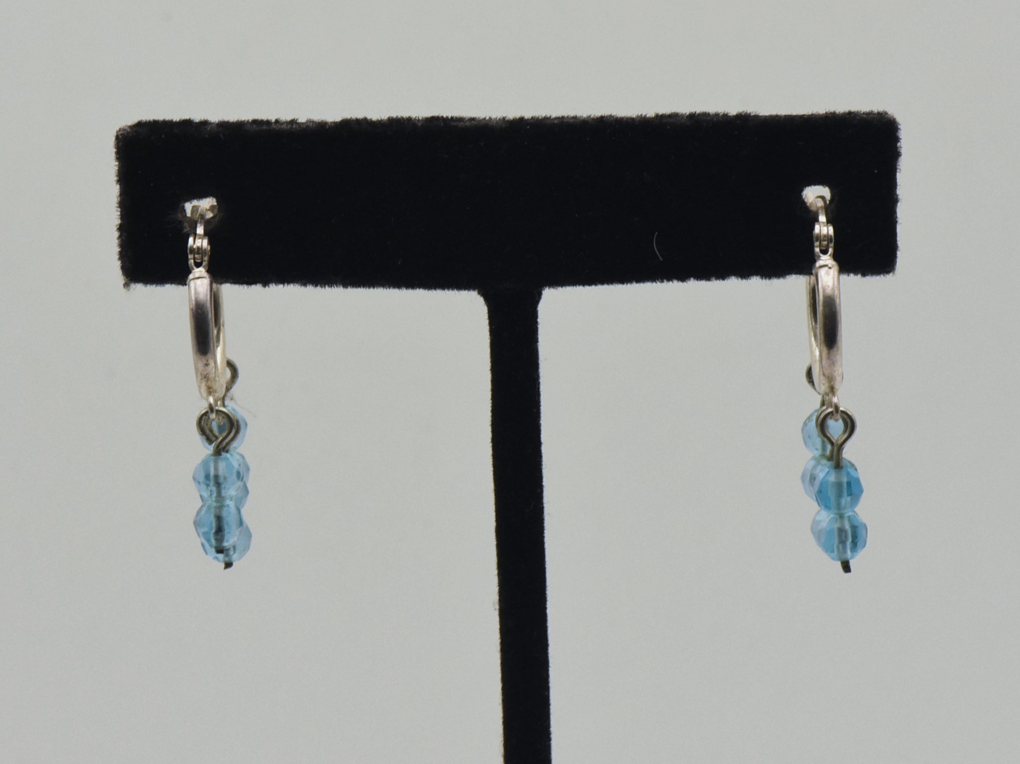 Vintage Sterling Silver Hoop Blue Bead Dangle Earrings
