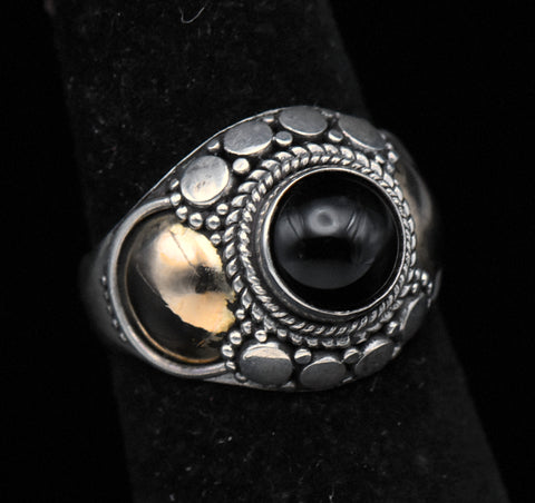 Vintage Handmade Sterling Silver and Gold Black Onyx Ring - Size 4