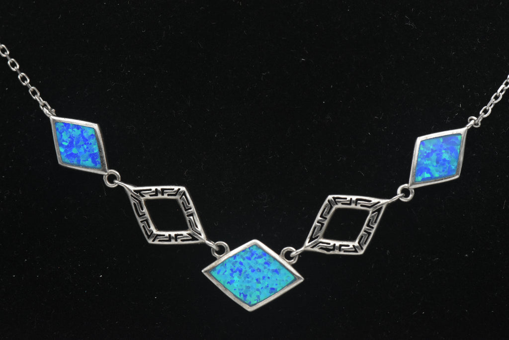 Vintage Sterling Silver Synthetic Blue Opal Chain Necklace with Extension Chain