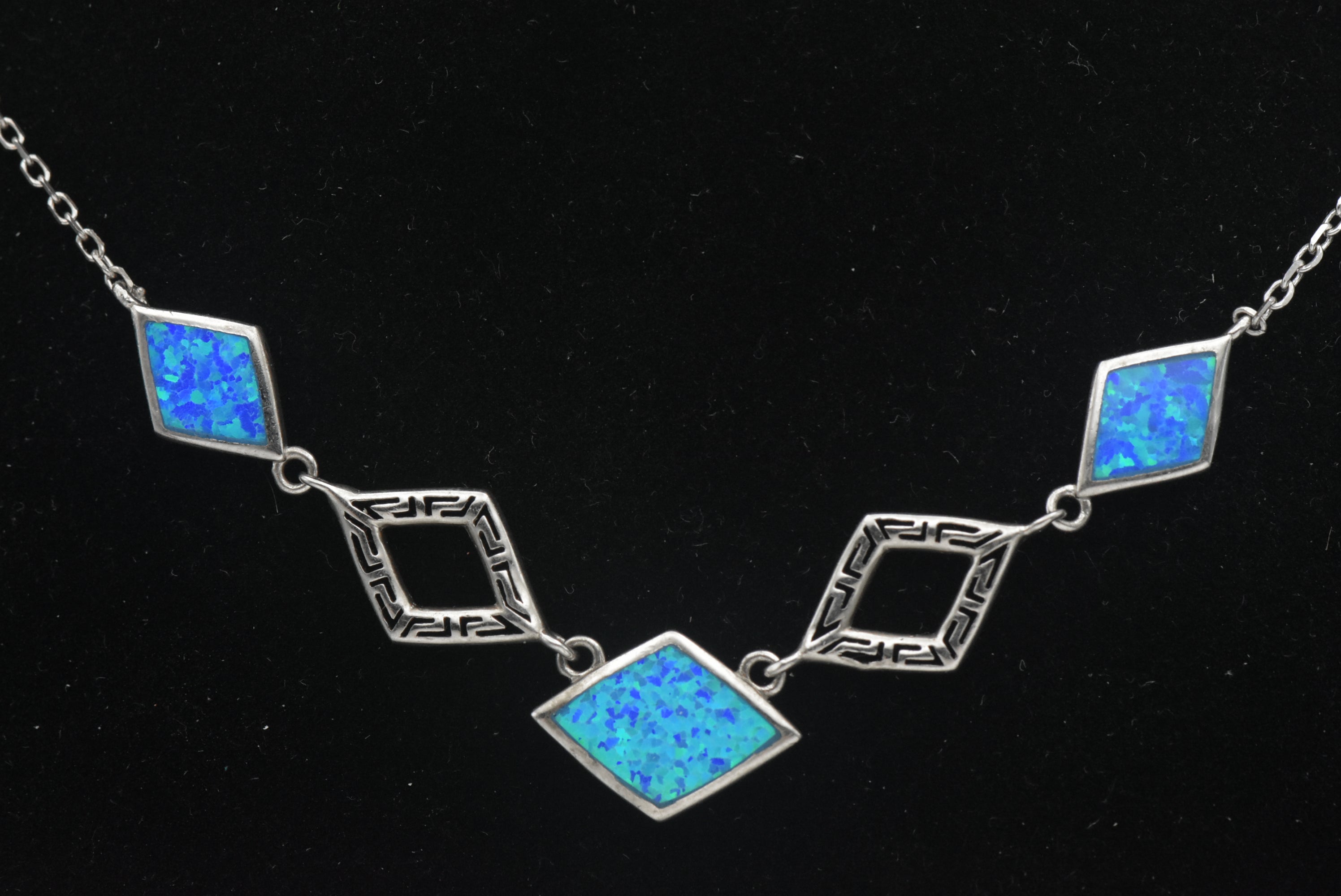 Vintage Sterling Silver Synthetic Blue Opal Chain Necklace with Extension Chain