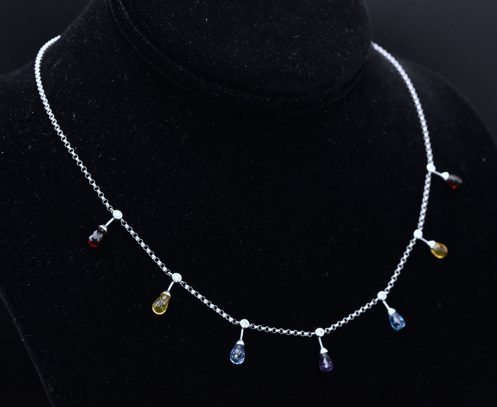 14K White Gold Diamonds, Blue Topaz, Red Garnet, Amethyst and Citrine Chain Necklace - 16.5"