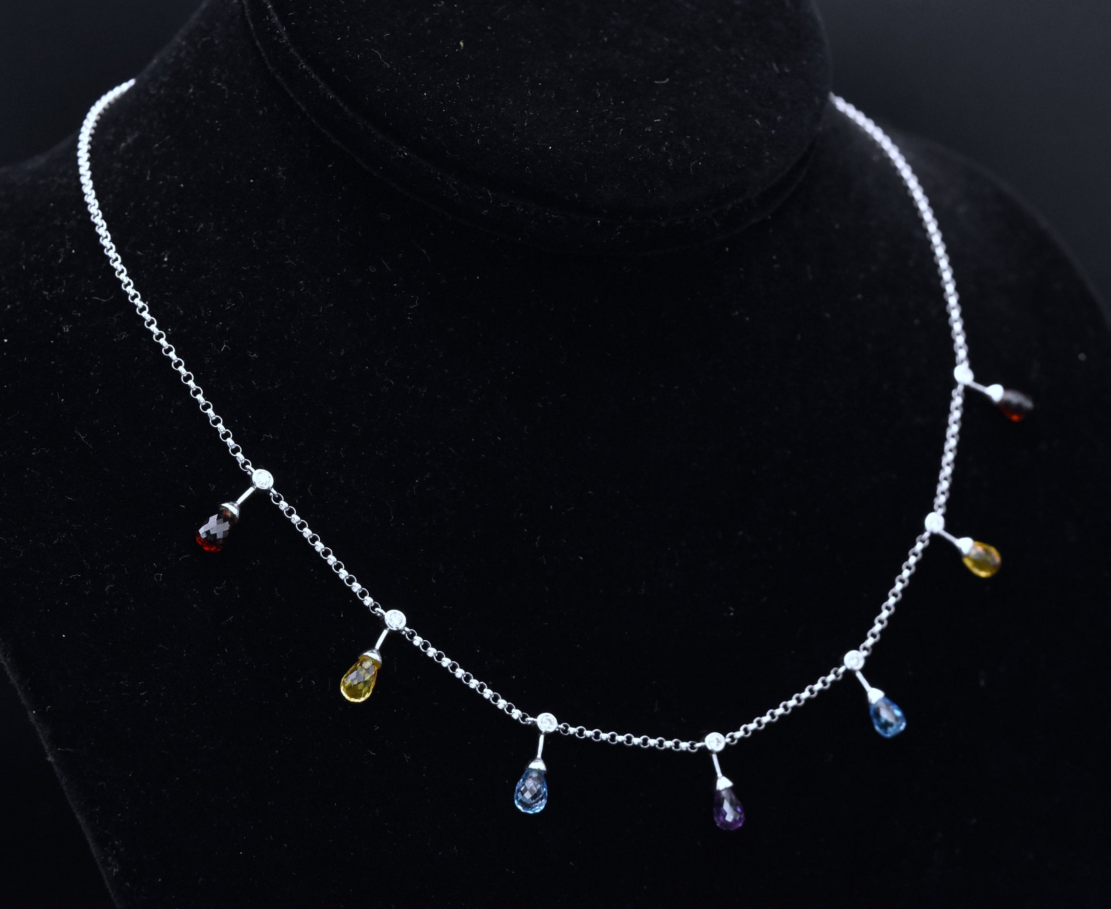 14K White Gold Diamonds, Blue Topaz, Red Garnet, Amethyst and Citrine Chain Necklace - 16.5"