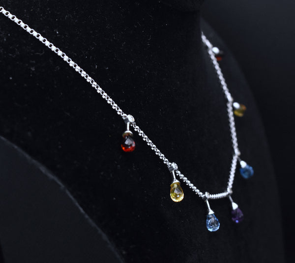14K White Gold Diamonds, Blue Topaz, Red Garnet, Amethyst and Citrine Chain Necklace - 16.5"