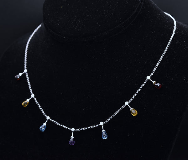 14K White Gold Diamonds, Blue Topaz, Red Garnet, Amethyst and Citrine Chain Necklace - 16.5"