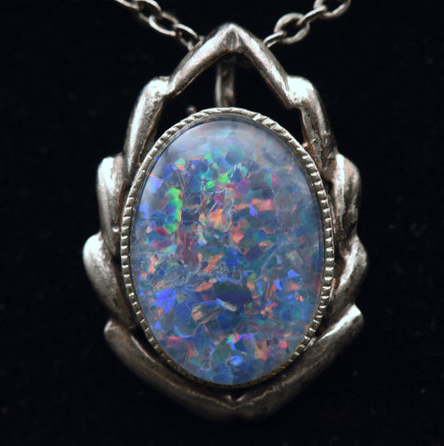 Vintage Blue Opal Triplet Sterling Silver Pendant Necklace - 18.125"