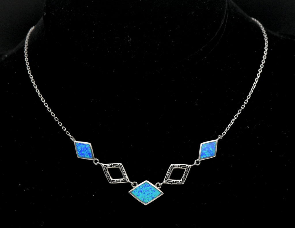 Vintage Sterling Silver Synthetic Blue Opal Chain Necklace with Extension Chain