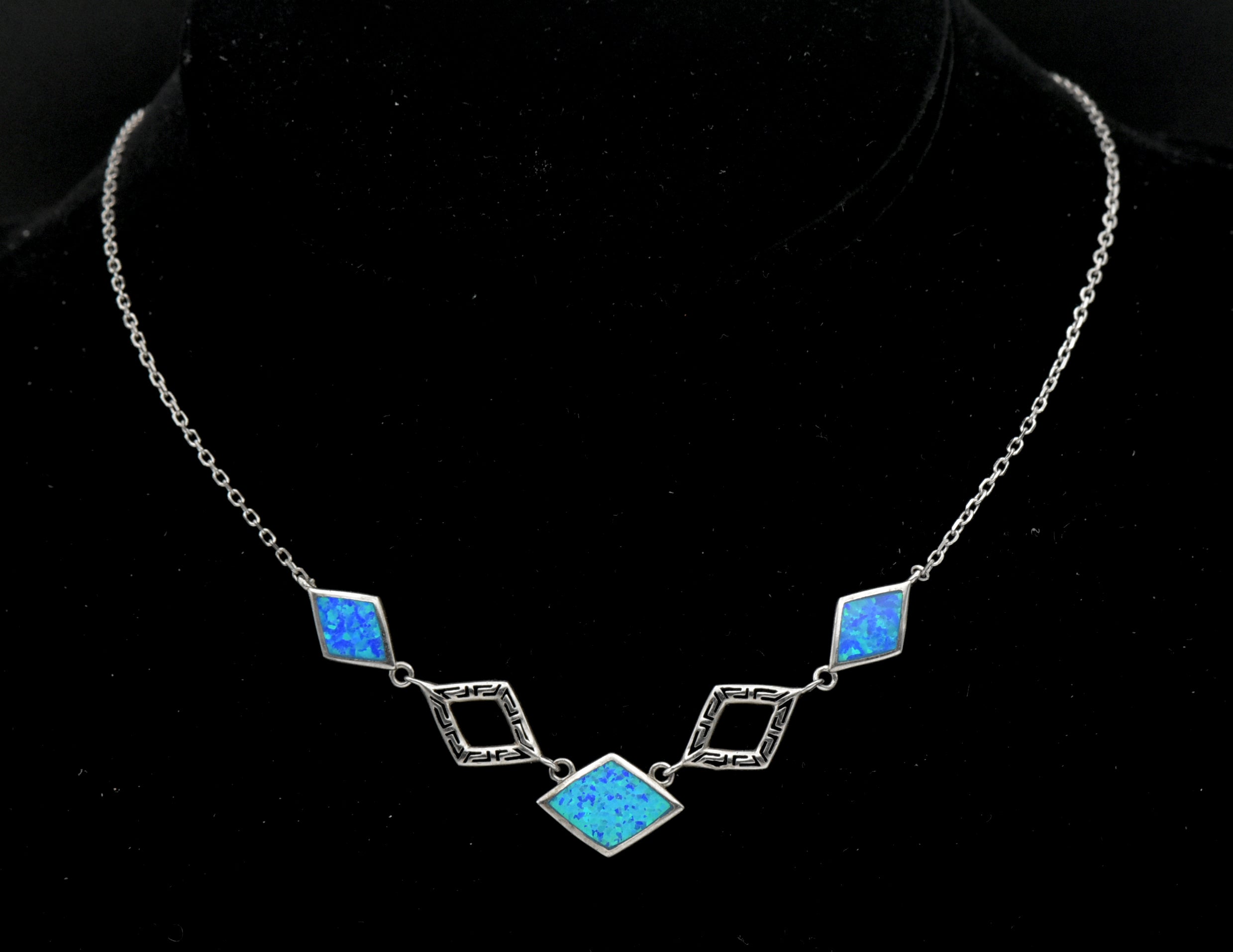 Vintage Sterling Silver Synthetic Blue Opal Chain Necklace with Extension Chain