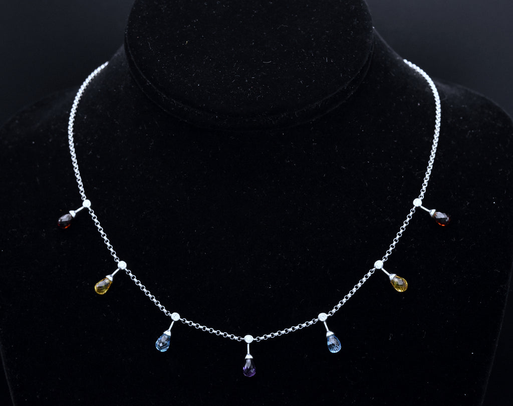 14K White Gold Diamonds, Blue Topaz, Red Garnet, Amethyst and Citrine Chain Necklace - 16.5"