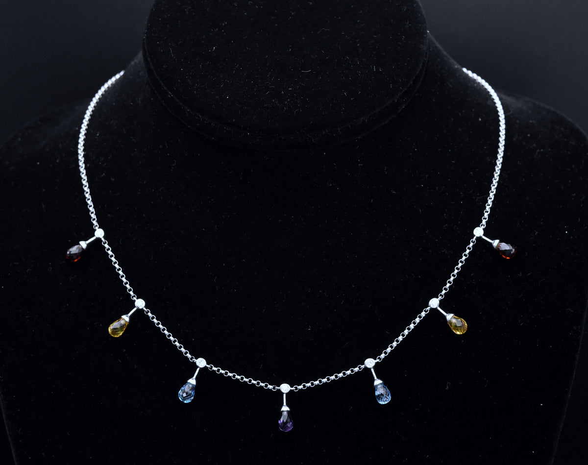 14K White Gold Diamonds, Blue Topaz, Red Garnet, Amethyst and Citrine Chain Necklace - 16.5"
