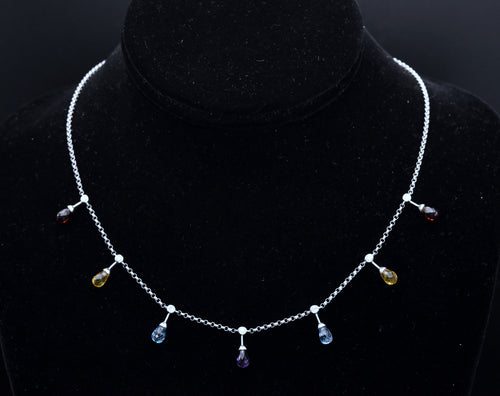 14K White Gold Diamonds, Blue Topaz, Red Garnet, Amethyst and Citrine Chain Necklace - 16.5"