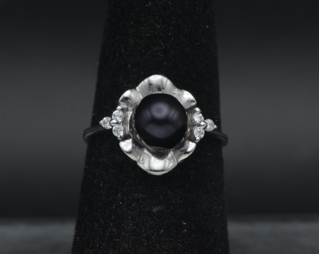 Vintage Sterling Silver Faux Black Pearl and CZ Ring - Size 6