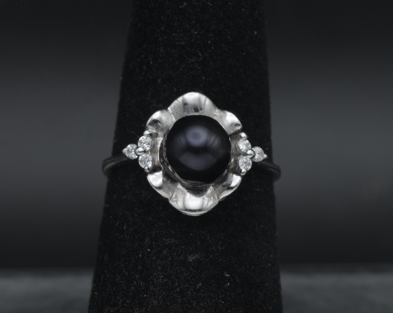Vintage Sterling Silver Faux Black Pearl and CZ Ring - Size 6