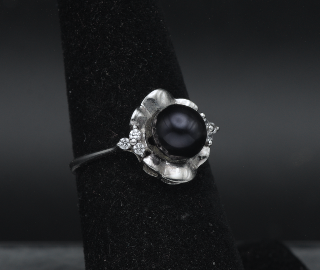 Vintage Sterling Silver Faux Black Pearl and CZ Ring - Size 6