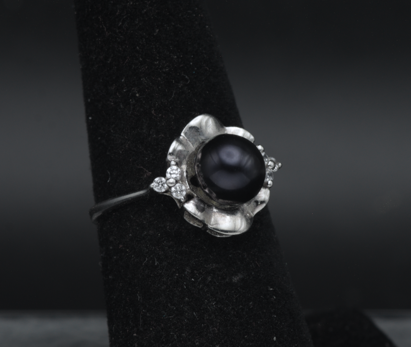 Vintage Sterling Silver Faux Black Pearl and CZ Ring - Size 6