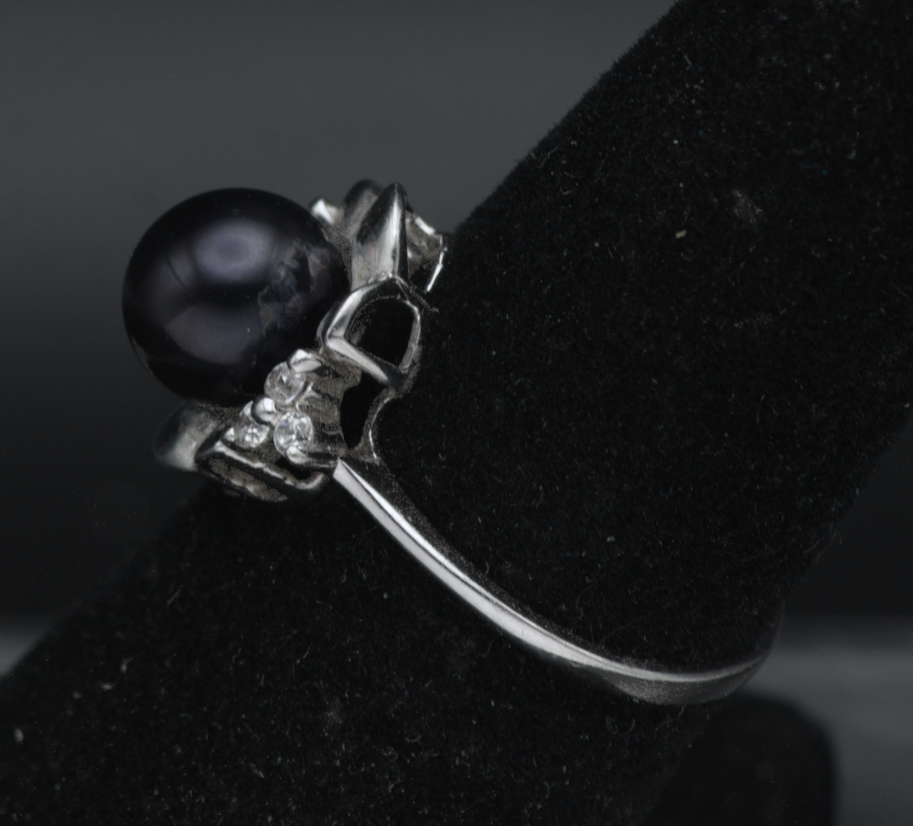 Vintage Sterling Silver Faux Black Pearl and CZ Ring - Size 6