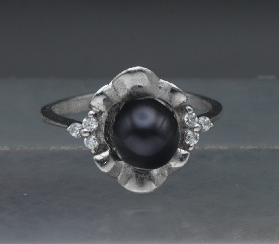 Vintage Sterling Silver Faux Black Pearl and CZ Ring - Size 6