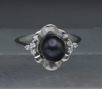 Vintage Sterling Silver Faux Black Pearl and CZ Ring - Size 6