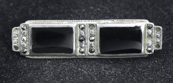 Vintage Sterling Silver, Black Onyx and Marcasite Bar Pin